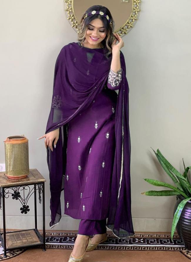 Rayon Purple Daily Wear Embroidery Work Readymade Kurti Set